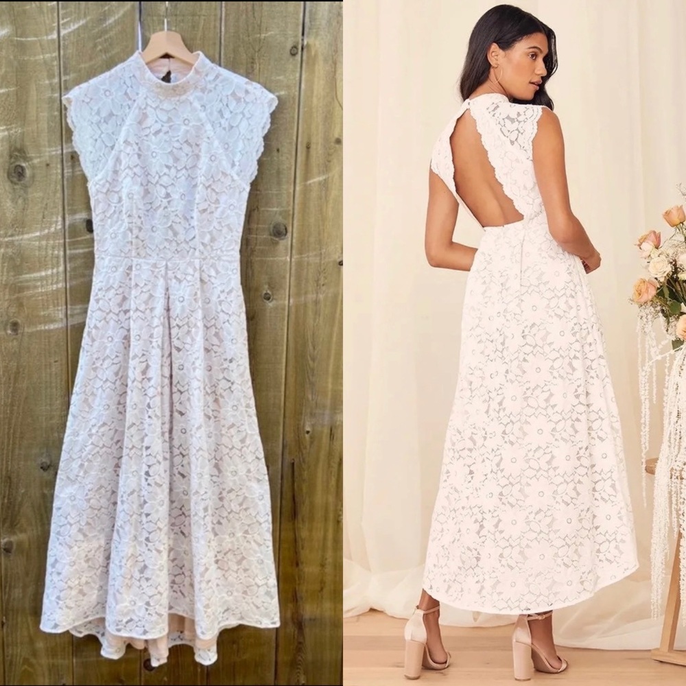 Sweetest White Lace High-Low Backless Midi Dress 🌿 - Picture 1 of 12